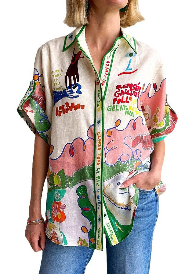 Peter Pan Collar Graphic Print Linen Shirts Top Summer