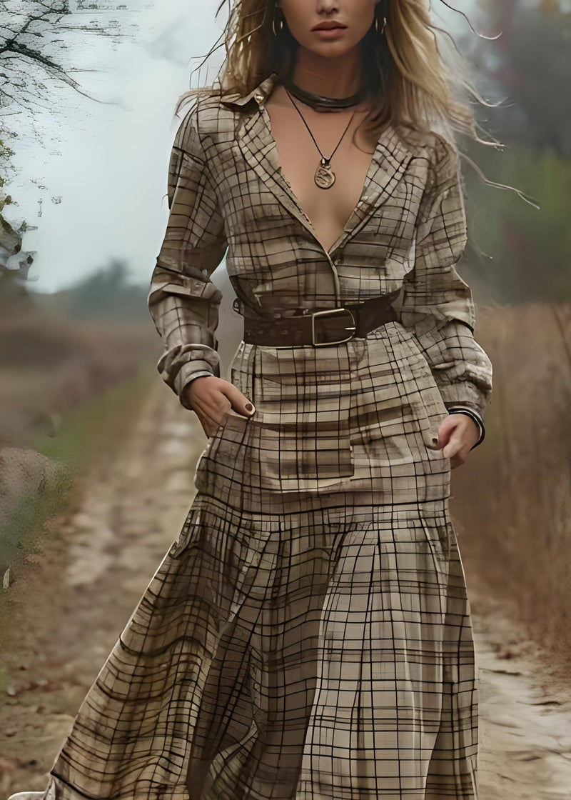 Peter Pan Collar Plaid Patchwork Cotton Long Dress Spring