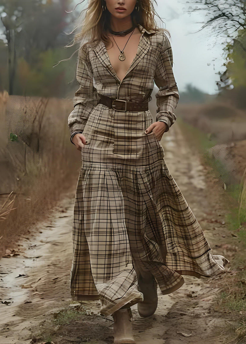 Peter Pan Collar Plaid Patchwork Cotton Long Dress Spring