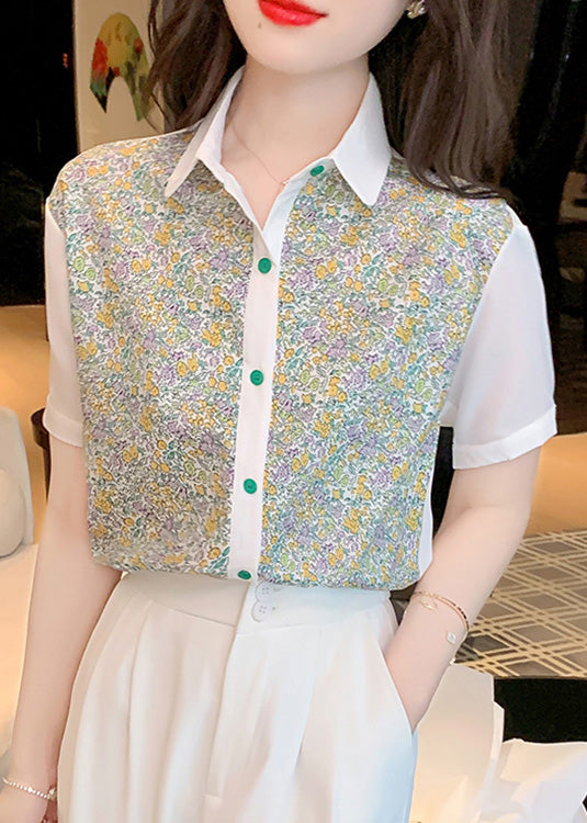Peter Pan Collar Print Button Chiffon Shirt Short Sleeve