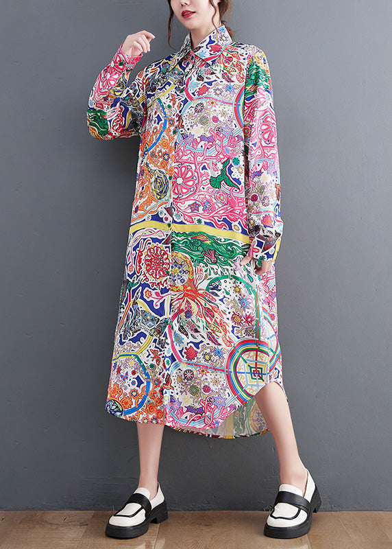 Peter Pan Collar Print Button Maxi Shirts Dresses Spring