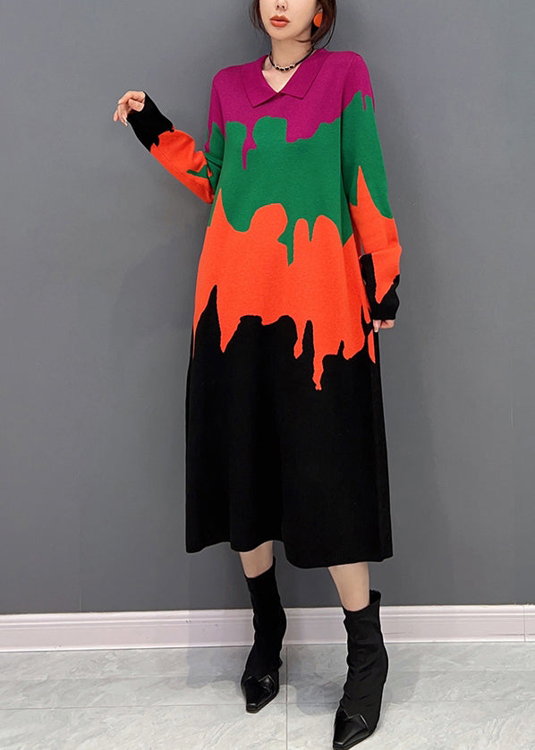 Peter Pan Collar Print Patchwork Knit Dress Fall