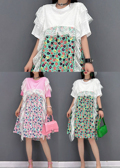 Pink Asymmetrical Print Holiday Dresses Short Sleeve