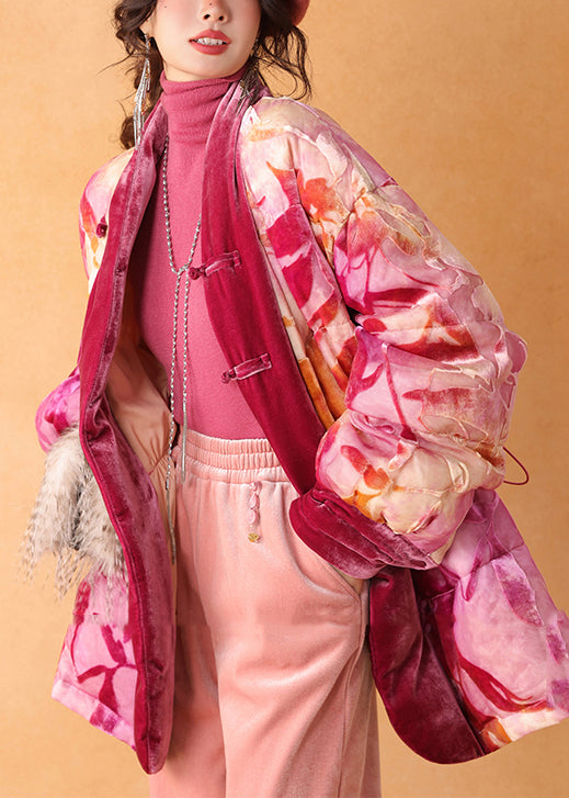 Pink Cinched Print Duck Down Silk Velour Coat Winter