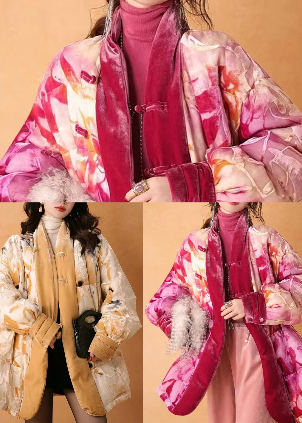 Pink Cinched Print Duck Down Silk Velour Coat Winter