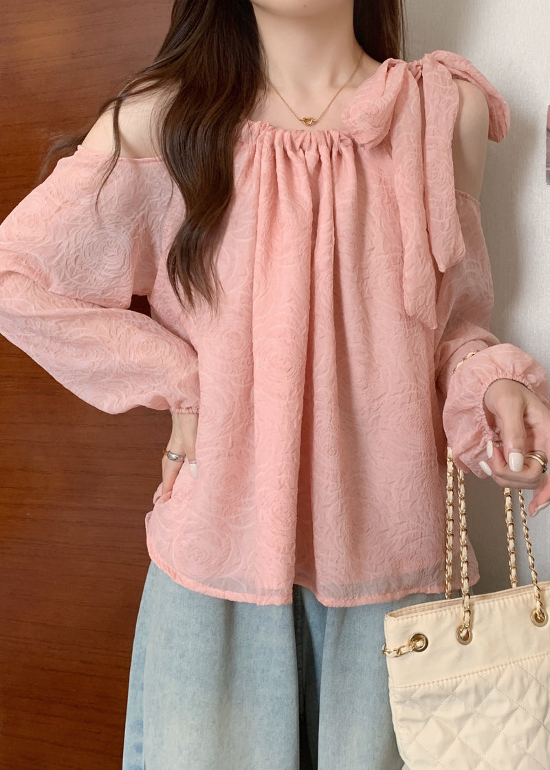Pink Cold Shoulder Bow Chiffon Shirt Tops Fall