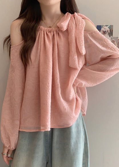 Beautiful Pink Cold Shoulder Bow Chiffon Shirt Tops Fall