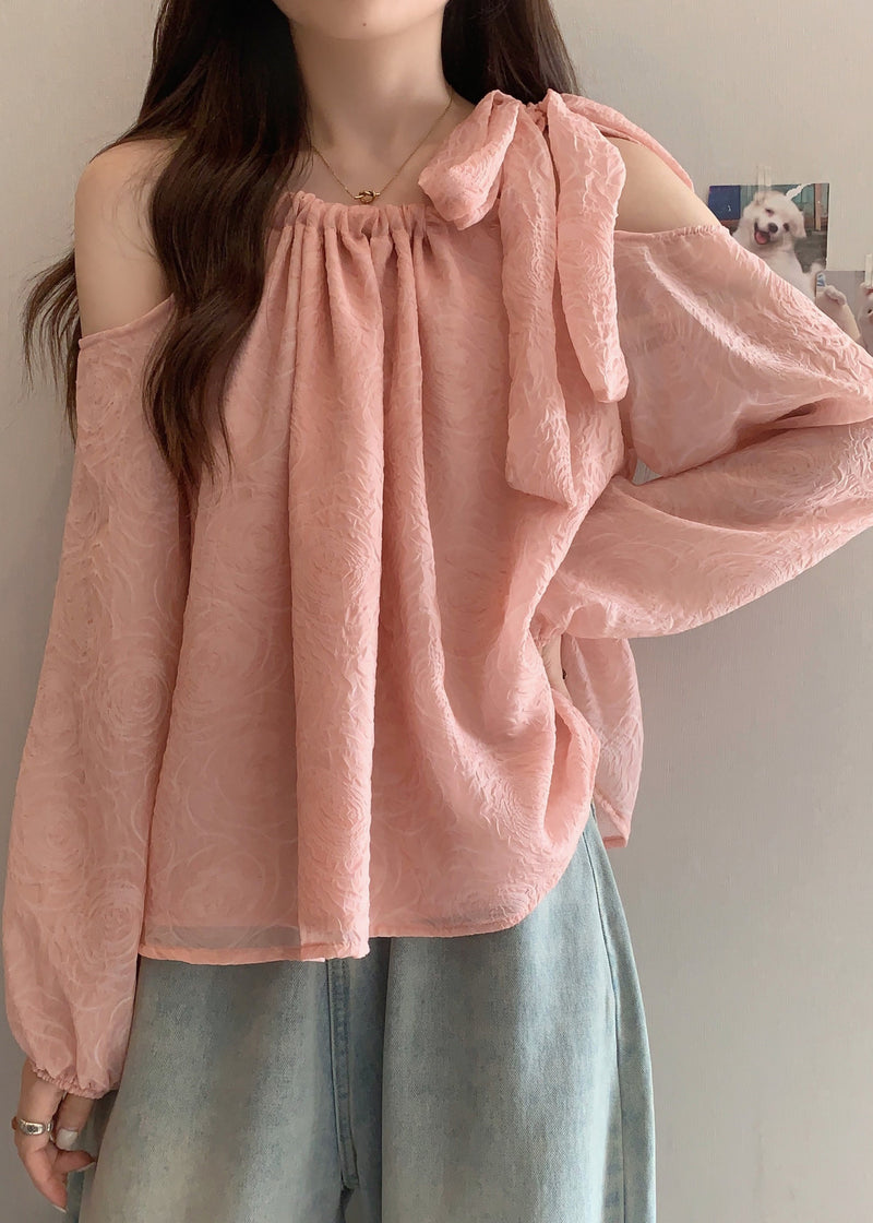 Pink Cold Shoulder Bow Chiffon Shirt Tops Fall