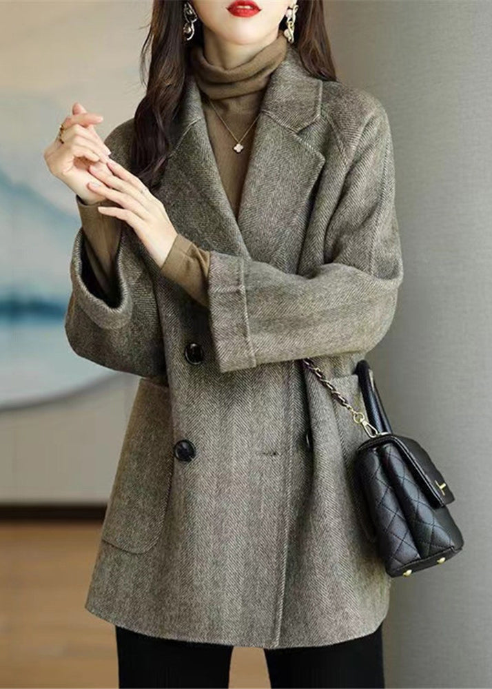 Pink Double Breast Pockets Patchwork Woolen Coats Winter