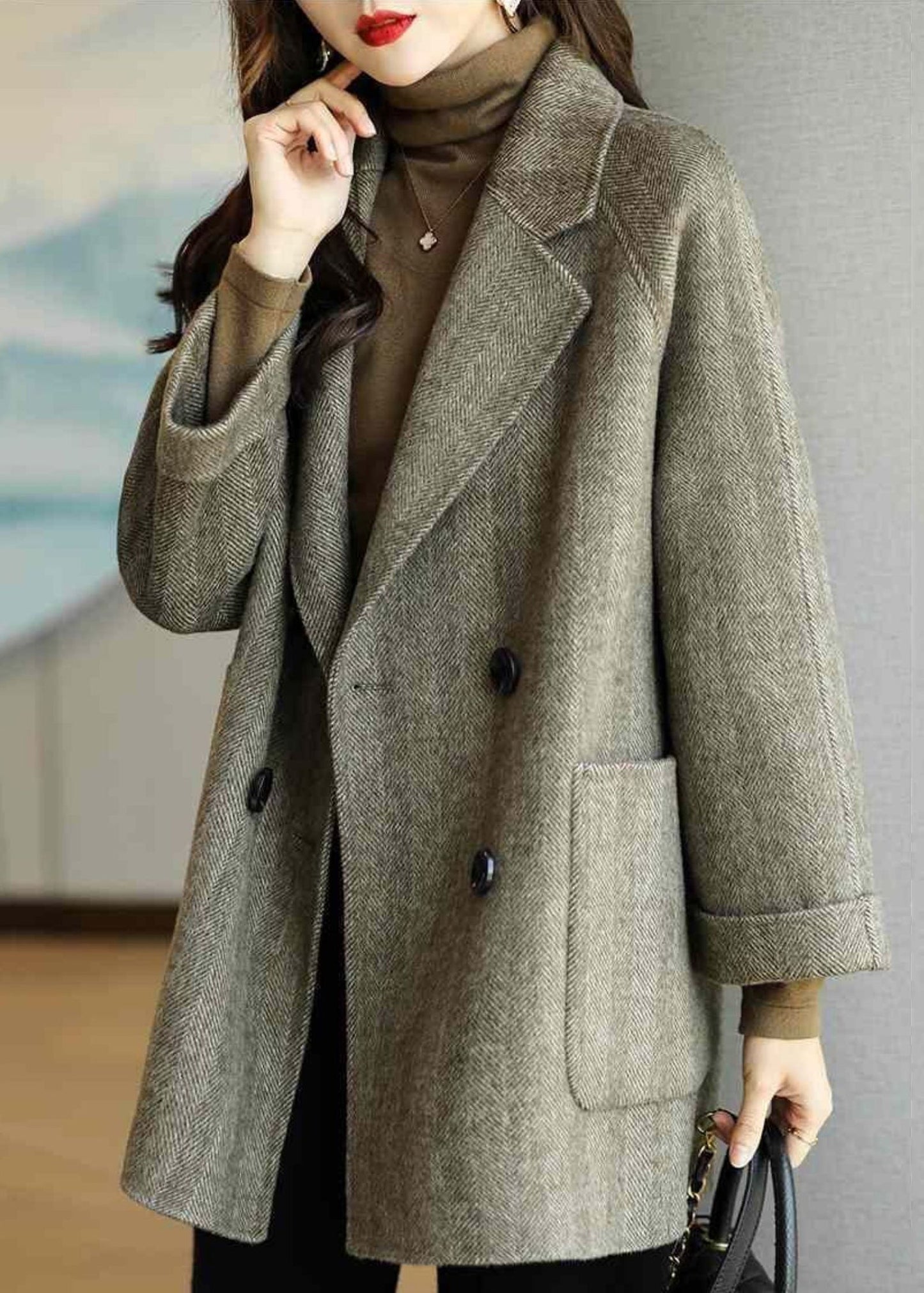 Pink Double Breast Pockets Patchwork Woolen Coats Winter