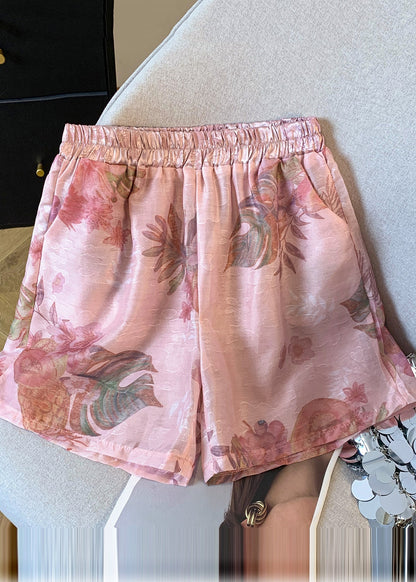 Pink Elastic Waist Print Silk Shorts Summer