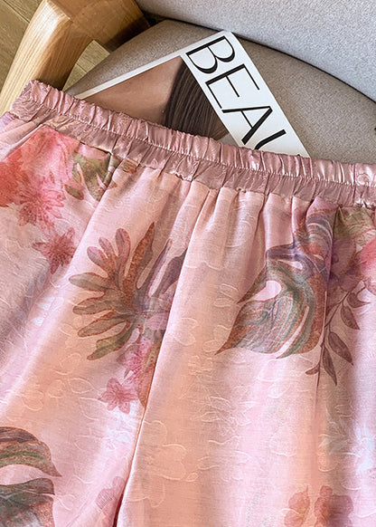 Pink Elastic Waist Print Silk Shorts Summer