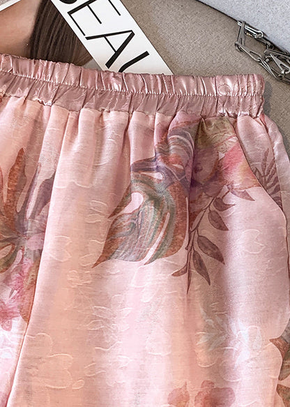 Pink Elastic Waist Print Silk Shorts Summer