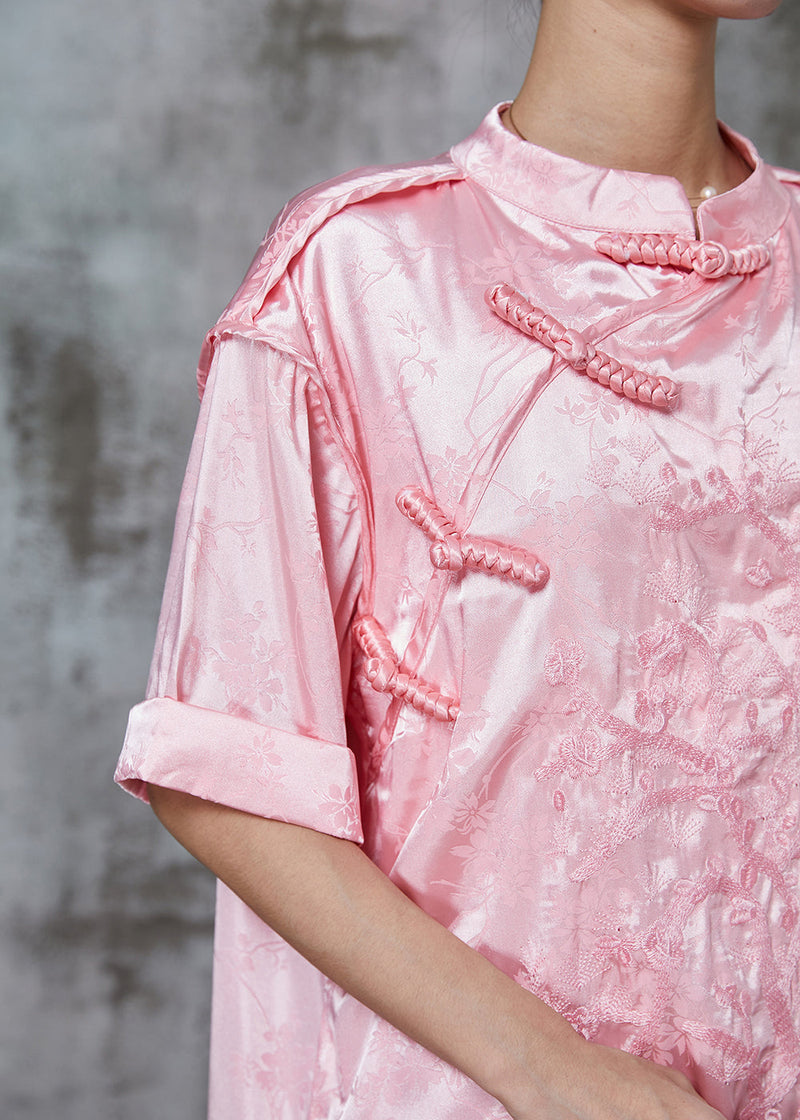 Pink Embroidered Chinese Button Silk Mini Dress Spring