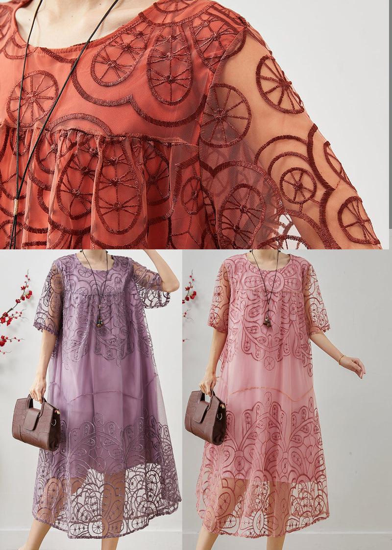 Pink Embroidered Tulle Ankle Dress Summer