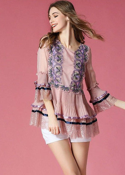 Pink Embroideried Lace Patchwork Silk Top Bracelet Sleeve