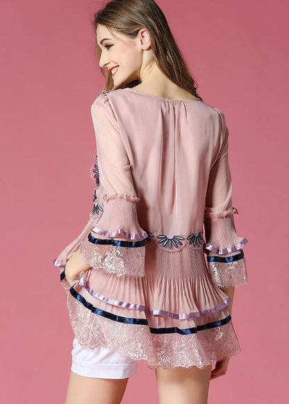 Pink Embroideried Lace Patchwork Silk Top Bracelet Sleeve
