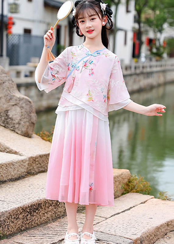 Pink Embroideried Patchwork Button Chiffon Kids Long Dresses Half Sleeve