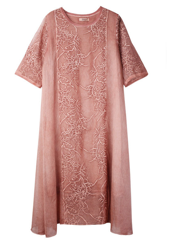 Pink Embroideried Patchwork Chiffon Dress Half Sleeve