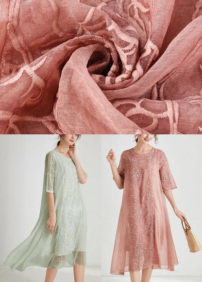Pink Embroideried Patchwork Chiffon Dress Half Sleeve