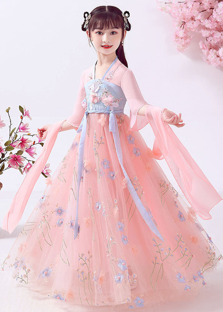 Pink Embroideried Patchwork Cotton Kids Long Dresses Summer