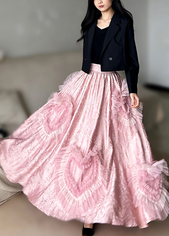 Pink Exra Large Hem Patchwork Heart-shaped Silk Party Skirts Spring