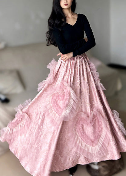 Pink Exra Large Hem Patchwork Heart-shaped Silk Party Skirts Spring