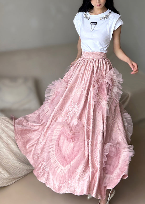 Pink Exra Large Hem Patchwork Heart-shaped Silk Party Skirts Spring