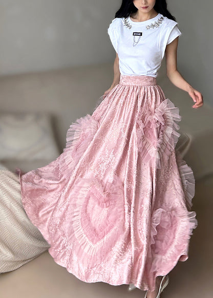 Pink Exra Large Hem Patchwork Heart-shaped Silk Party Skirts Spring