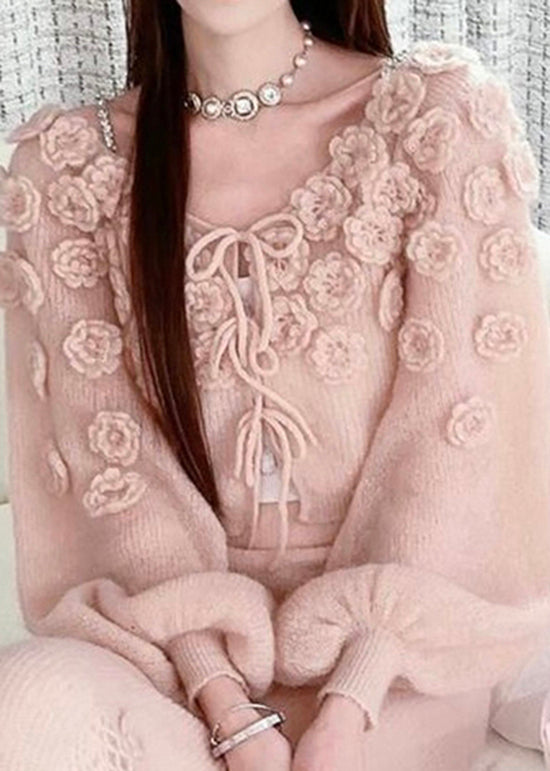 Pink Lace Up Knit Sweaters Spring
