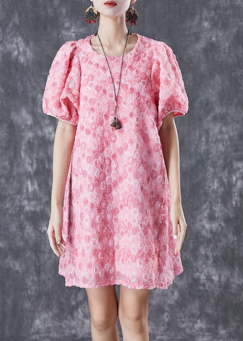 Pink Silk Mid Dresses Puff Sleeve