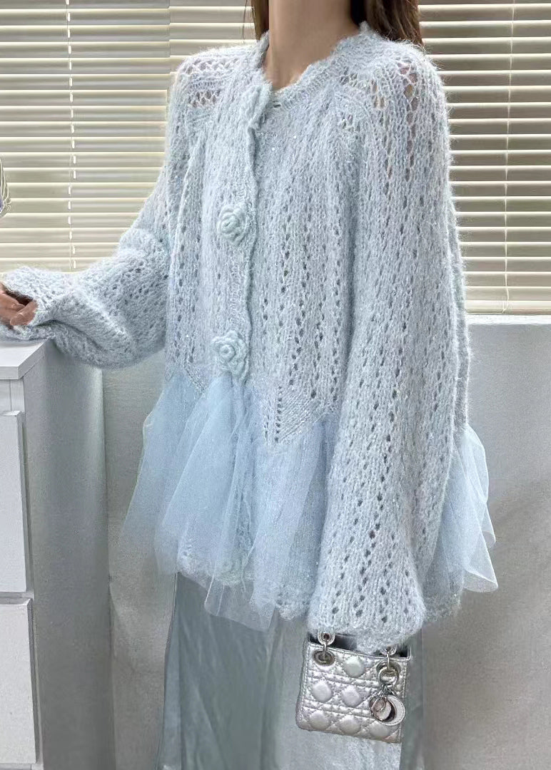 Pink Flower Patchwork Tulle Knit Cardigans Winter