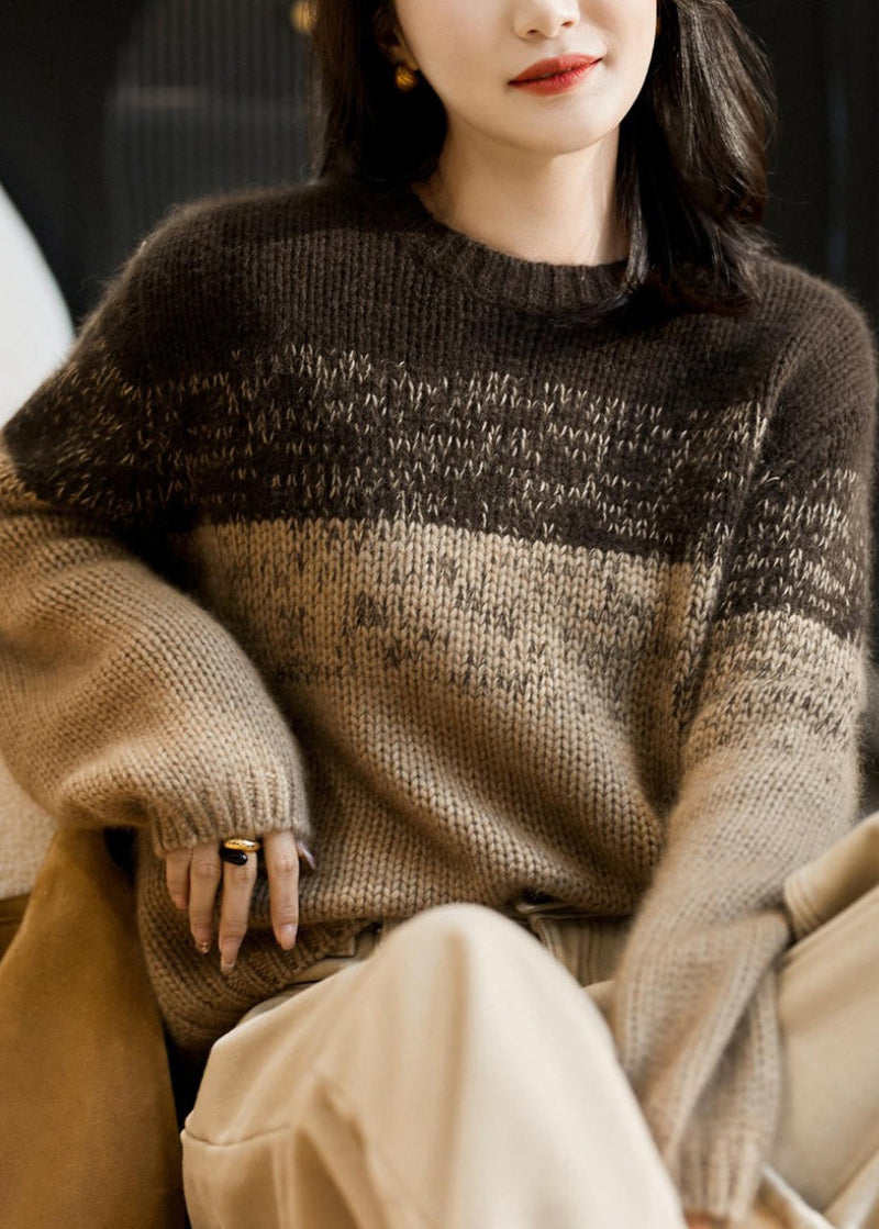 Pink Gradient O Neck Thick Woolen Knit Pullover Winter