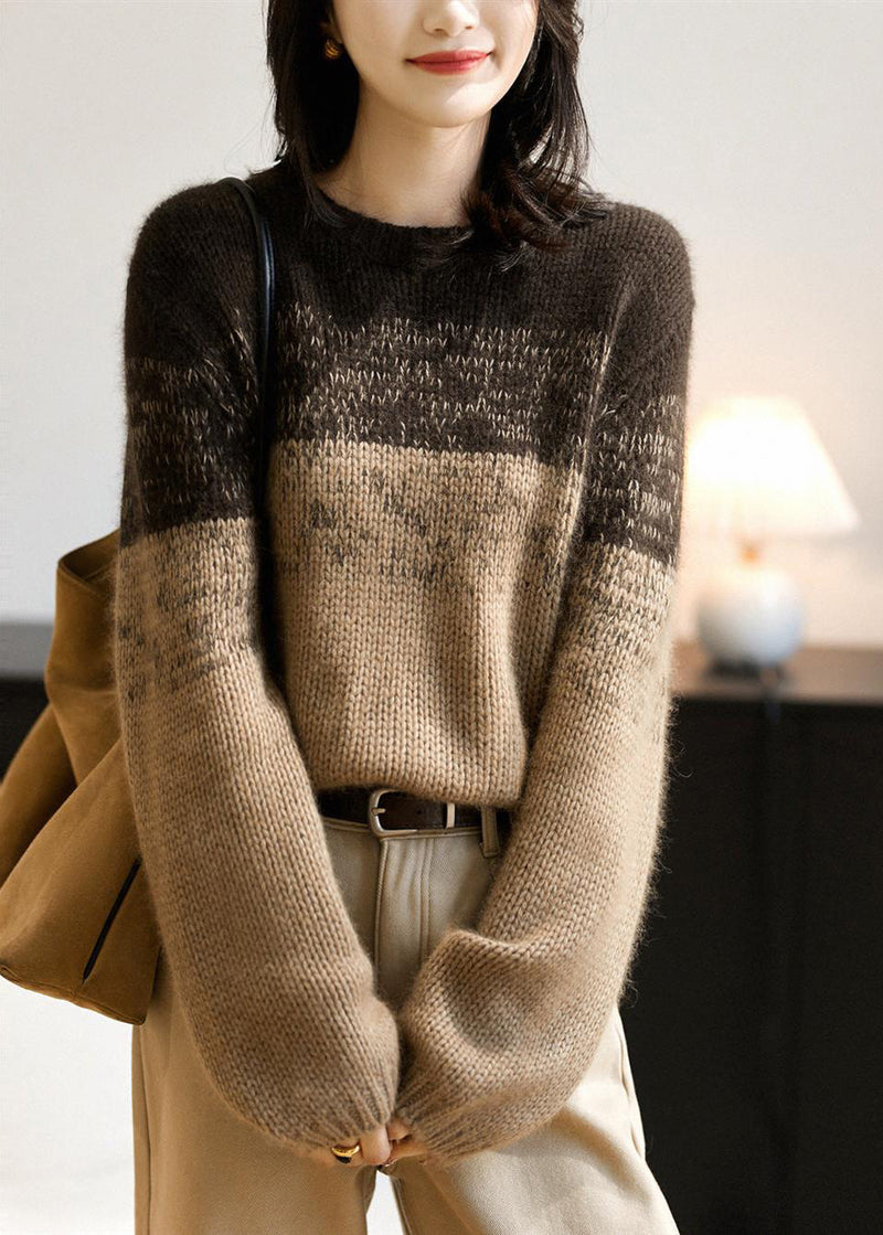 Pink Gradient O Neck Thick Woolen Knit Pullover Winter