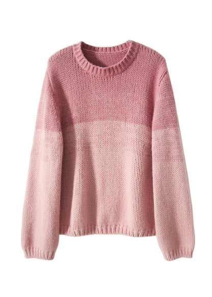 Pink Gradient O Neck Thick Woolen Knit Pullover Winter