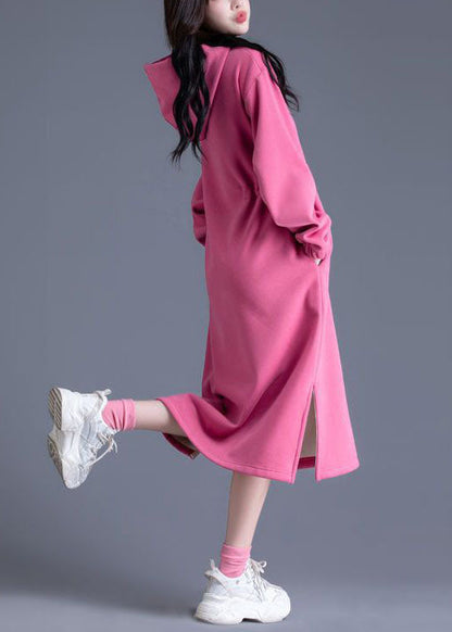 Pink Hooded Cinched Side Open Warm Fleece Sweatshirts Dress Spring