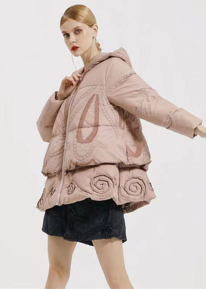 Pink Hooded Embroidery Patchwork Duck Down Coat Winter