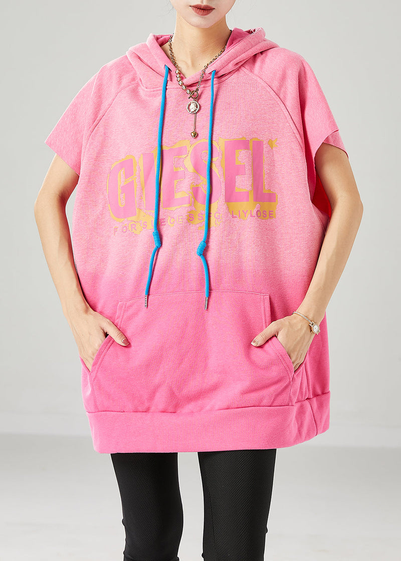 Pink Hooded Letter Pockets Cotton Sweatshirt Summer