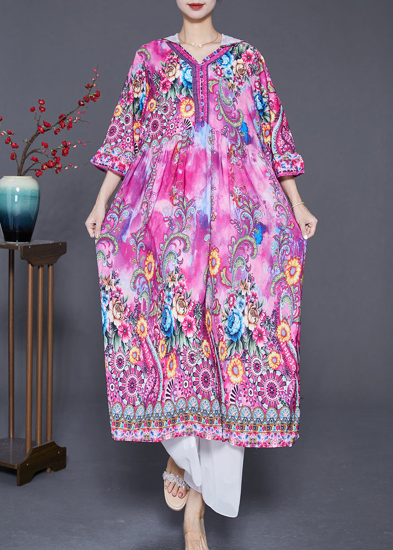 Pink Hooded Print Silk Vacation Dresses Bracelet Sleeve