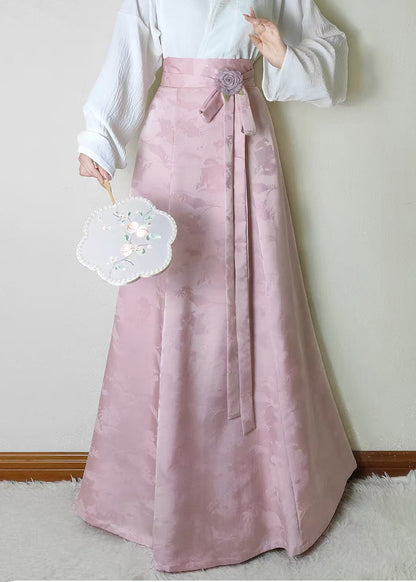 Pink Jacquard Flower Decorated Silk Skirts Fall