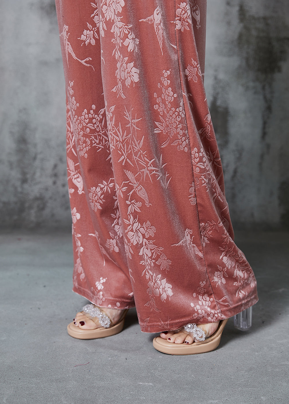 Pink Jacquard Silk Velvet Straight Pants Spring