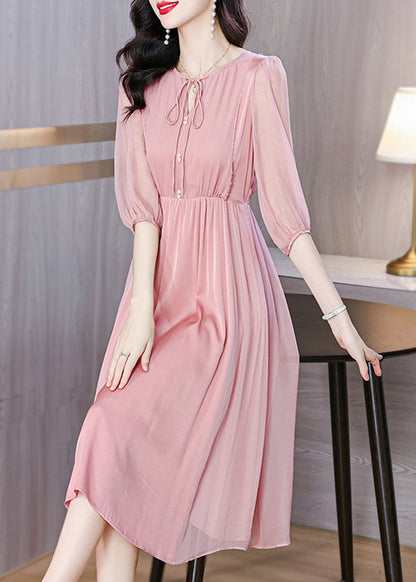 Pink Lace Up Wrinkled Chiffon Dress Summer