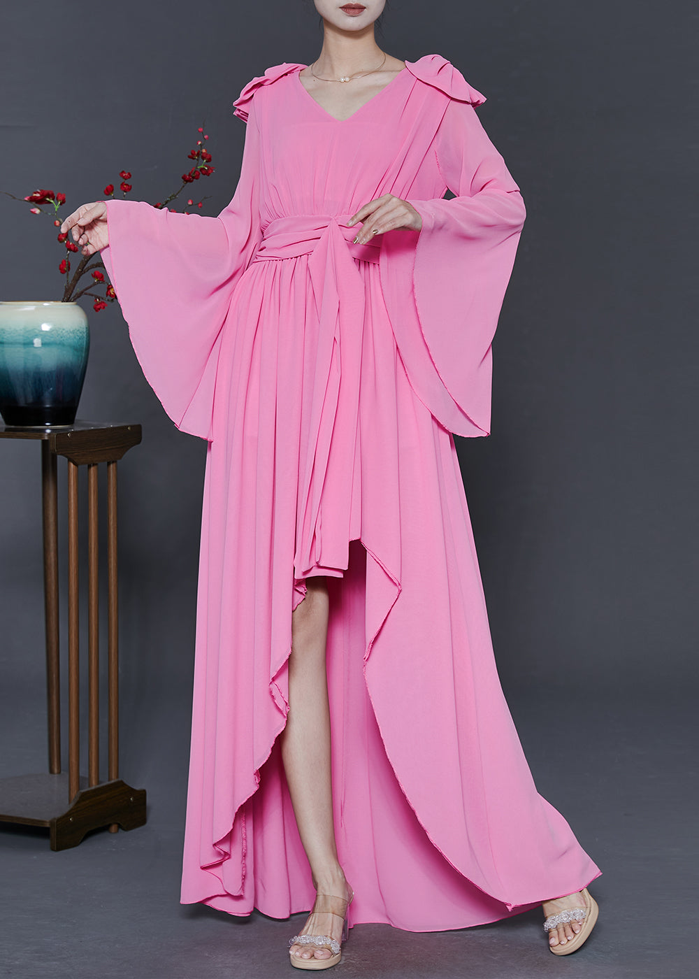 Pink Low High Design Exra Large Hem Chiffon Vacation Dresses Fall
