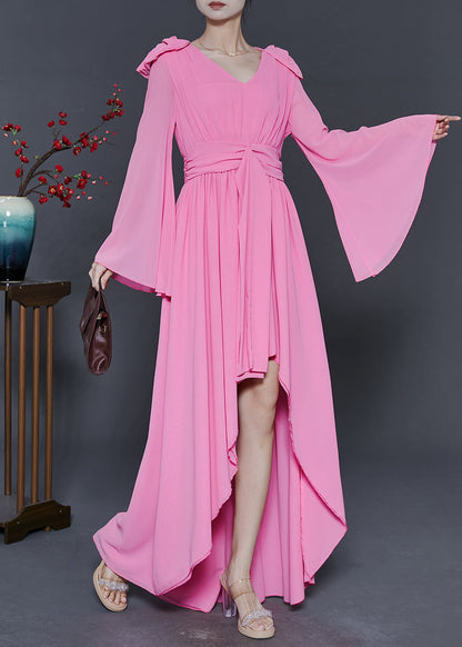 Pink Low High Design Exra Large Hem Chiffon Vacation Dresses Fall