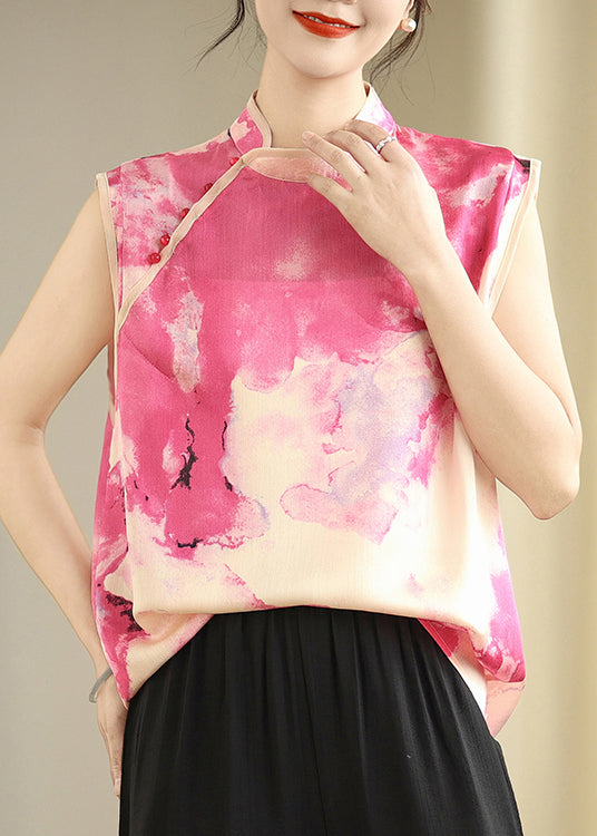 Pink Mandarin Collar Tie Dye Silk Top Sleeveless