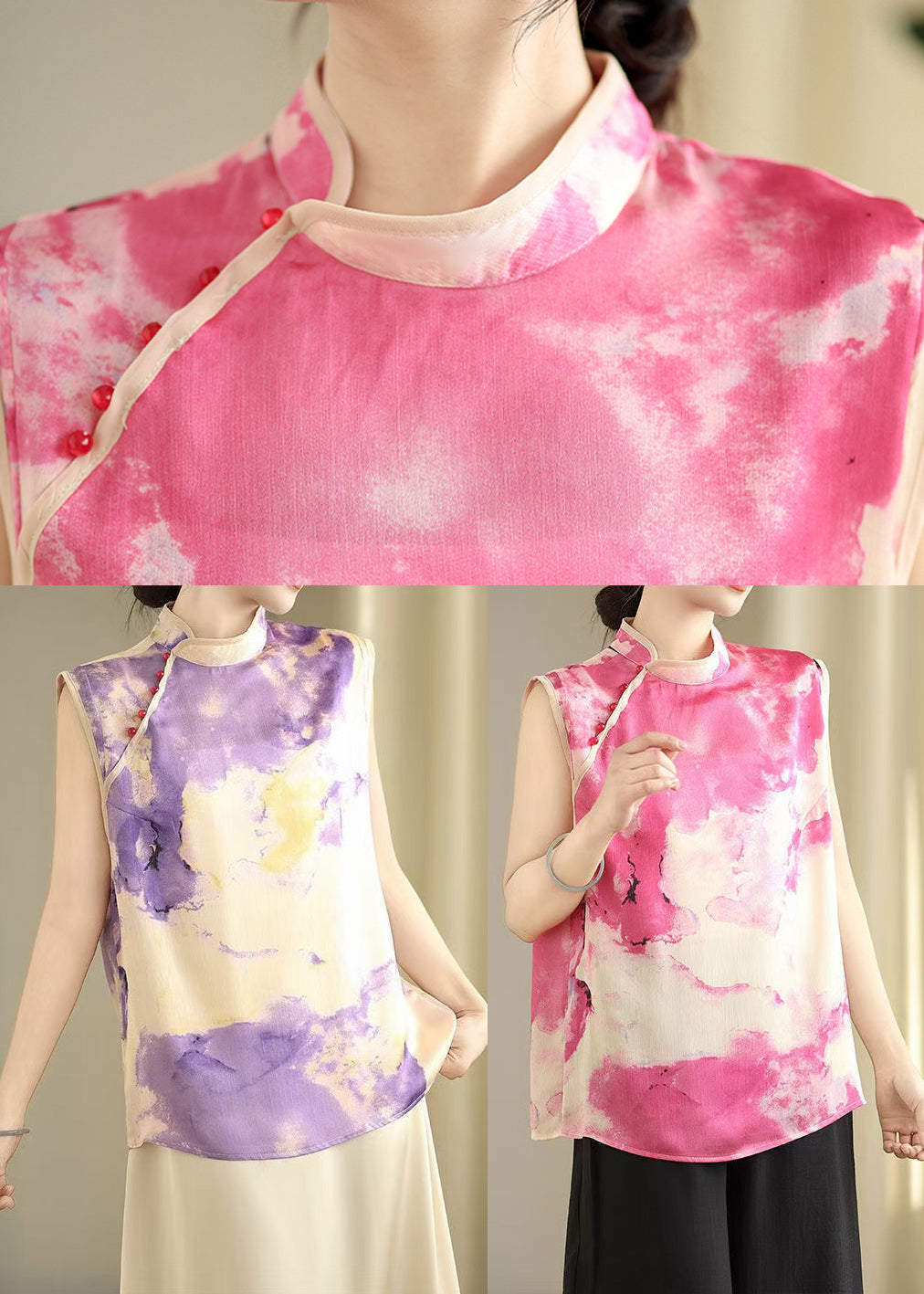Pink Mandarin Collar Tie Dye Silk Top Sleeveless