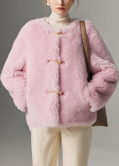 Pink O Neck Button Woolen Coats Winter