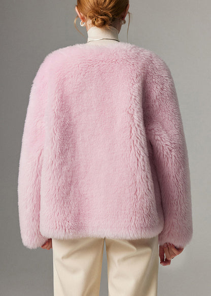 Pink O Neck Button Woolen Coats Winter