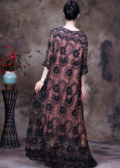 Pink O-neck Embroideried Lace Holiday Long Dress Long Sleeve