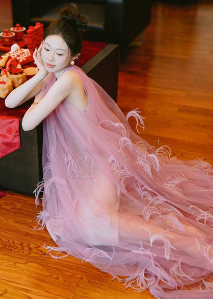 Pink O Neck Feather Patchwork Tulle Maxi Dress Sleeveless